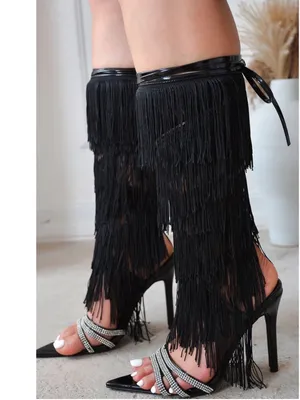 Cape Robbin Black Fringe Lace-Up Stiletto Sandals thumbnail 2