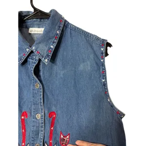 Vintage Dressbarn Womens‎ Large Denim Vest Patriotic Cat Embroidered Star Blue L thumbnail 2