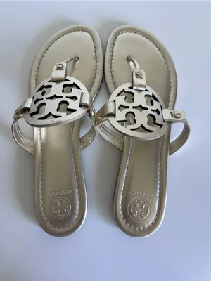 Tory‎ Burch Women's Miller Sandals Metallic Gold Logo Slides Thongs Leather thumbnail 4