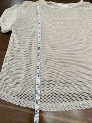 Elodie Mesh Knit Crop Top Beige Shiny Shimmer Overlay Short Sleeve Size S thumbnail 6