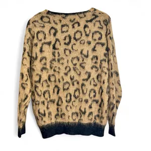 Leopard Print Fuzzy V-Neck Sweater Black Tan Knit Jumper Size L thumbnail 2