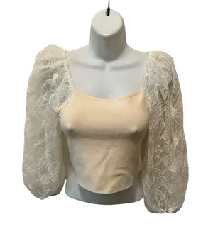 Cloud Ten Lace Puff Sleeve Cropped Sweater Sz L Whimsigoth Witchy Romantic NEW thumbnail 1