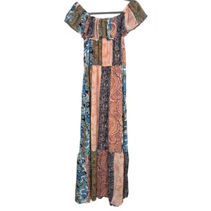 NWOT Sans Souci Off Shoulder Patch Print Maxi Dress Elastic Tie Waist M Tan Blue thumbnail 6