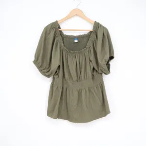 Old Navy Womens XL Olive Green Smocked Puff Sleeve Peplum Square Neck Blouse Top thumbnail 2