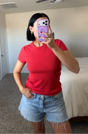 Red waffle knit tee thumbnail 1