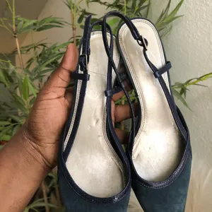 90s VTG Navy blue/green suede genuine leather kitten heels pumps courts sling back pointy toe Made in Spain thumbnail 2