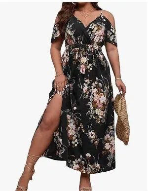 NEW Floral Cold Shoulder Short Sleeve Wrap Hem A Line Midi Dress 2X thumbnail 1