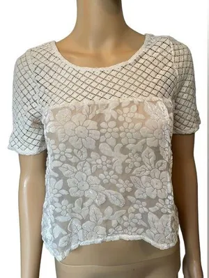 Abercrombie & Fitch Cream Boho Western Hippie Crochet Floral Velvet Crop Top thumbnail 1