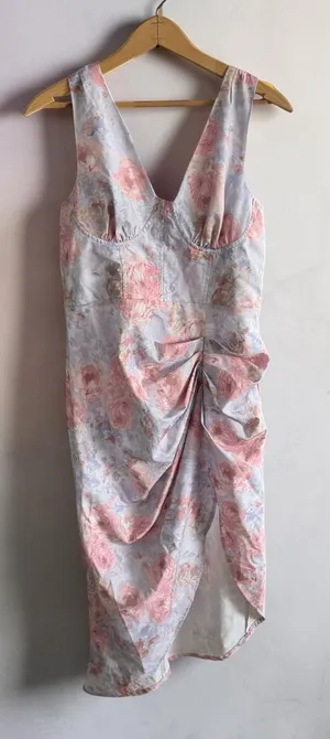 Cider Floral Bustier Midi Dress Pink‎ Purple Ruched Asymmetrical Tulip Hem Large thumbnail 1
