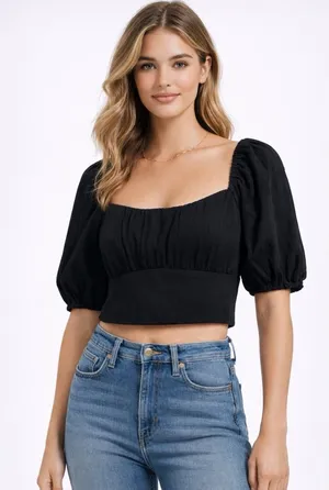 Abercrombie & Fitch women’s Size S Black Puff Sleeve Crop Top Cottagecore(A440)✨ thumbnail 1