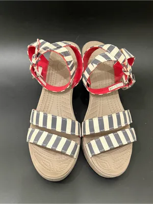 CROCS Leigh Nautical Striped Ankle Strap Wedge Sandals Size 8 thumbnail 3