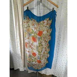 Vintage Chiffon Silk Like Asian Inspired Floral Scarf Head Wrap One Size thumbnail 2