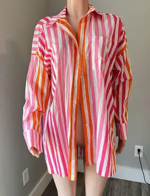 Beach Riot Womens Sz L/XL Top Pink Orange Stripe Swim Cover Up Button Up #148 thumbnail 2