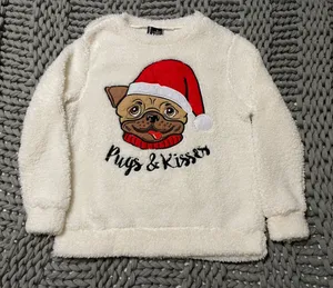 Kristin Nicole White Christmas Pugs & Kisses Sherpa sweater women size Medium thumbnail 1