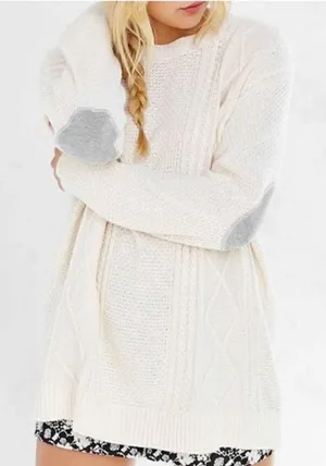 BDG Urban Outfitters Cable Knit Elbow Patches Sweater Women's Small Cream‎ Y2K thumbnail 1