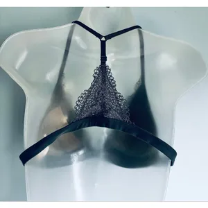 Victoria's Secret Triangle Bralette Gray Lace Floral Lined Front Closure Large thumbnail 3