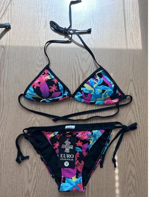 New Womens Euro Floral Print 2pc String Bikini Black blue pink purple aqua Small thumbnail 1