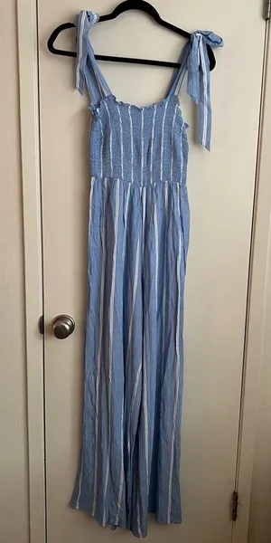 H&M Women Blue and White Striped Jumpsuit with smocking size 4 thumbnail 5