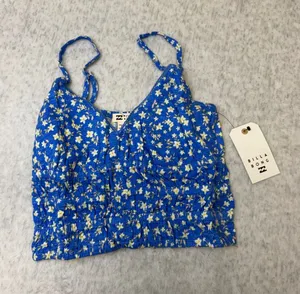 Billabong May Knit Tank Blue Floral Smocked Crop Top XS BBGW25AP060 thumbnail 1