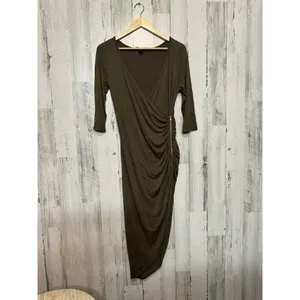 Hot Kiss Olive Green Draped Maxi Dress Ruched Side Long Sleeve Size XL thumbnail 2