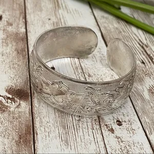 Unsigned Silver-tone Ornate Lotus Flower Peacock 1.25” Open Cuff Bangle Bracelet thumbnail 2