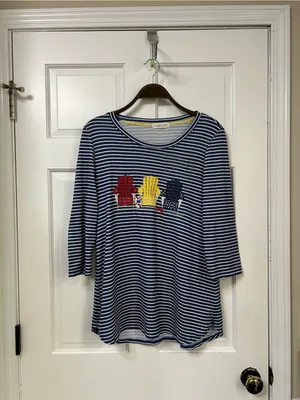 Vintage Coastal Stripe Crewneck Top with Embroidered Colorful Beach Chair thumbnail 2