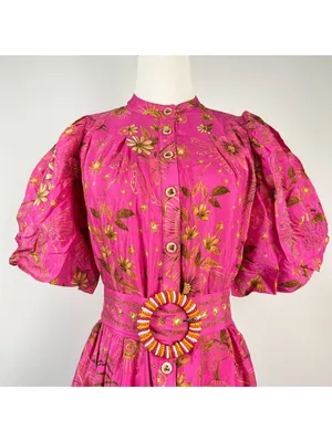 NWT Farm Rio x Anthropologie Beaded Belt Puff Sleeve Pink Mini Dress Sz SP thumbnail 5