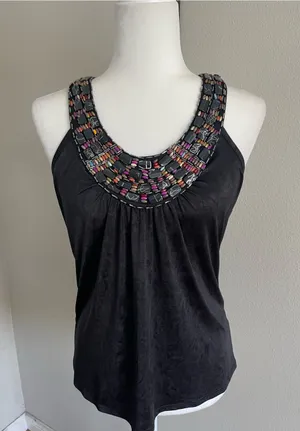Iz Byer Black Tank Top with Multicolor Beaded Neckline thumbnail 1