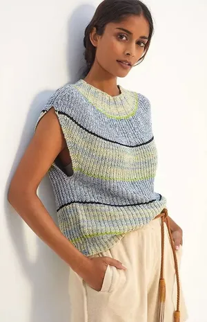 Daily Practice Anthropologie‎ Blue Striped Ribbed Knit Sweater Vest Small thumbnail 1
