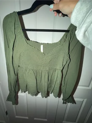 American Eagle Outfitters Olive Green Smocked Peplum Tunic thumbnail 2