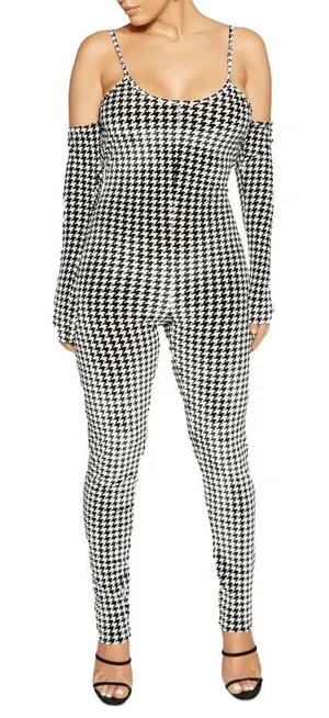 Naked‎ Wardrobe Black White Velour Houndstooth Jumpsuit Large NWT thumbnail 1