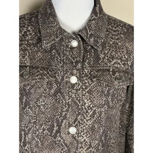 CHAPS Women 1X Snake Print Denim Jacket Brown Tan Reptile Stretch Jean Coat Plus thumbnail 3