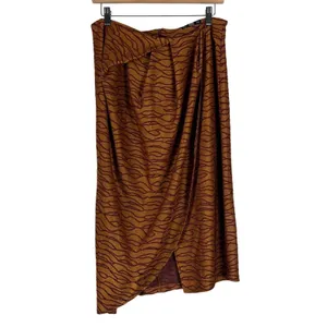 Zara Faux Wrap Wavy Abstract Textured Jacquard Midi Skirt Brown Fall Earthy Sz L thumbnail 4