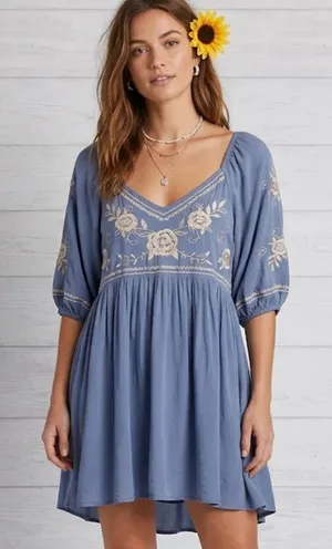 Savanna Jane Women's 2X Blue Embroidered Boho Tunic Dress | Rayon Lined | 3/4 Sleeve | Excellent Pre-Owned thumbnail 1