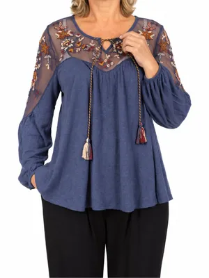 Sundance Embroidered Mesh Boho Tunic Top Size M Blue Balloon Sleeve thumbnail 1