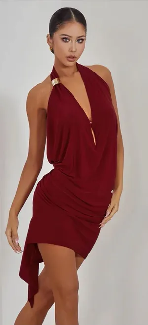 Asymmetrical Halter Deep Burgundy Cocktail Dress thumbnail 1