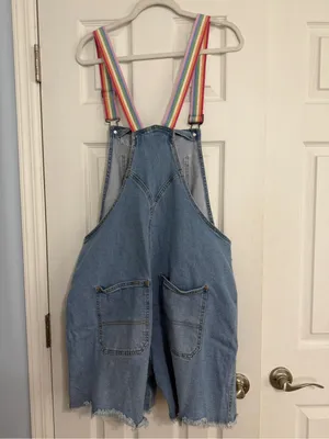 Denim Rainbow Stripe queen embroidered Overalls cut off Shorts women’s size XL thumbnail 11