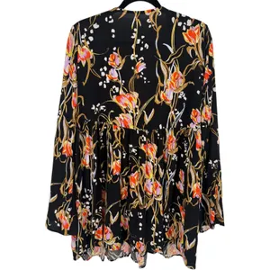 Free People‎ Bella Floral Babydoll Tunic Top Mini Dress Black V-Neck Size Medium thumbnail 5