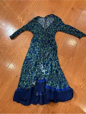 Maeve Anthropologie Green Blue Floral Wrap Midi Dress Size 00P thumbnail 3