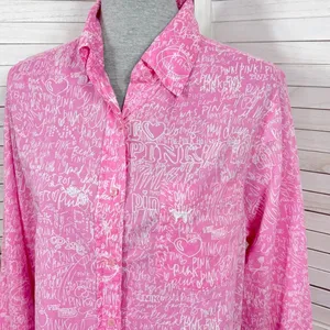 Vintage Pink Victorias Secret Graffiti Print Sleep Night Shirt Pink White Medium thumbnail 5