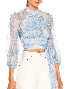 Amanda Uprichard Sheer Floral Cropped Tie Blouse Open Back Mock Neck Blue S thumbnail 1