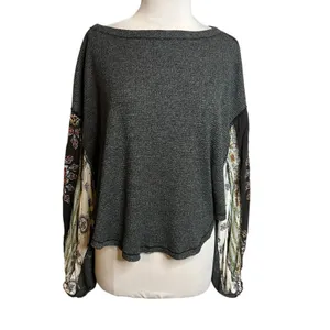 Free people Blossom Thermal Top‎ ballon sleeve patchwork Sz XS oversized thumbnail 8