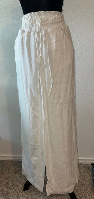 Happily Grey White Paperbag Waist Drawstring Wide-Leg Linen-Blend Pants thumbnail 1