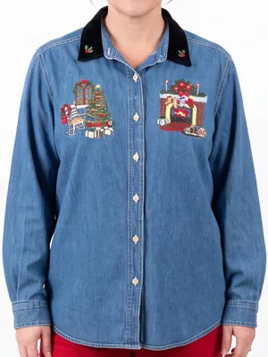 Vintage 90s Ugly Christmas Embroidered Denim Holiday Shirt Velvet Collar thumbnail 1