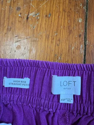 LOFT Bright Purple Elastic Waist Linen Blend Joggers Button Front XS thumbnail 2