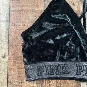 Pink Victoria's Secret Black Crushed Velvet Bralette Silver Logo Band Small Bra thumbnail 2