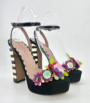 Betsey Johnson Carra Platform Heels Size 9 Black Floral Striped Cocktail Sandals thumbnail 1