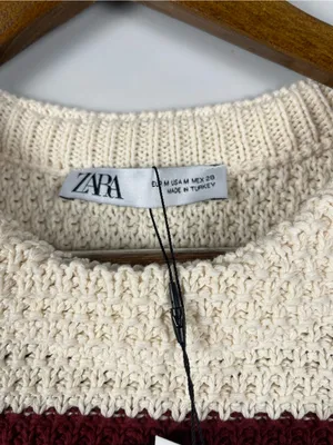 Zara Striped Sleeveless chunky knit Sweater cream/brown/gold NWT size medium thumbnail 4
