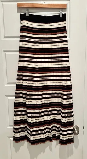 La February Striped Ribbed Knit Maxi‎ Skirt Black Cream Rust Small Boho Prairie thumbnail 1