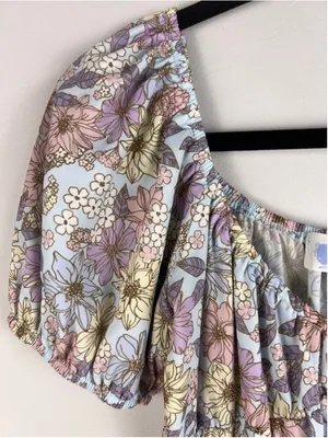 Coquette Praire Floral Babydoll Mini Dress Cottagecore Puff Sleeve Small thumbnail 3
